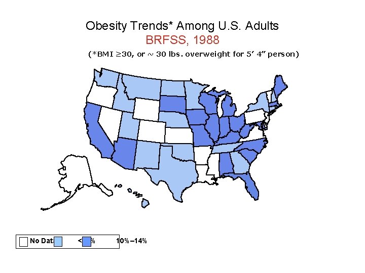 Obesity Trends* Among U. S. Adults BRFSS, 1988 (*BMI ≥ 30, or ~ 30