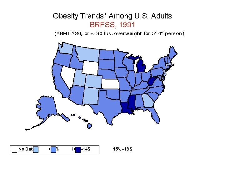 Obesity Trends* Among U. S. Adults BRFSS, 1991 (*BMI ≥ 30, or ~ 30