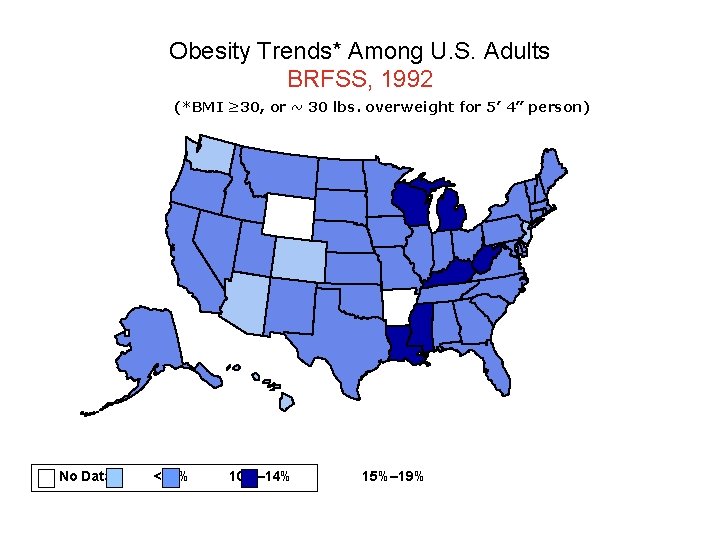 Obesity Trends* Among U. S. Adults BRFSS, 1992 (*BMI ≥ 30, or ~ 30