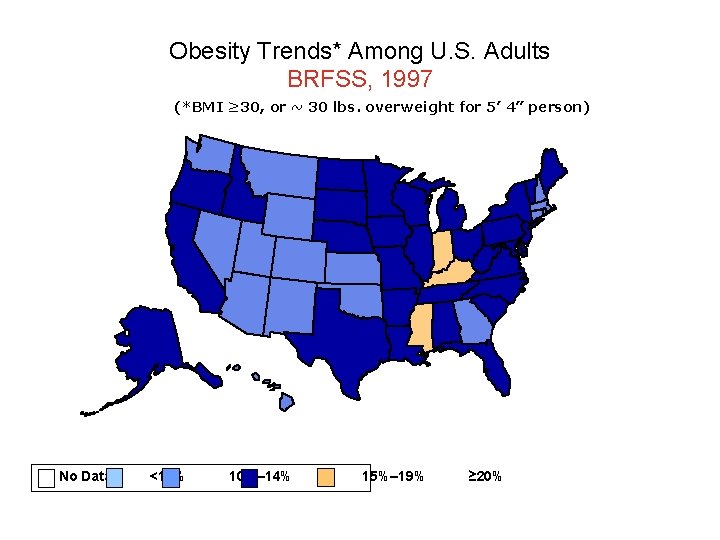 Obesity Trends* Among U. S. Adults BRFSS, 1997 (*BMI ≥ 30, or ~ 30