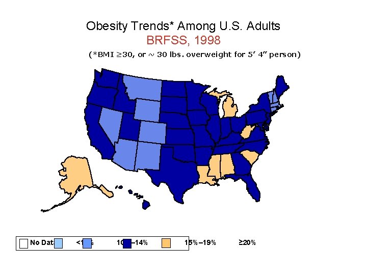 Obesity Trends* Among U. S. Adults BRFSS, 1998 (*BMI ≥ 30, or ~ 30