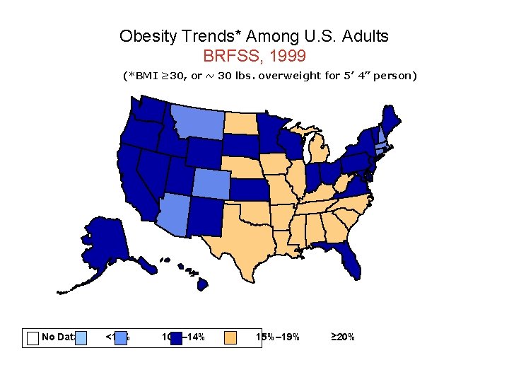 Obesity Trends* Among U. S. Adults BRFSS, 1999 (*BMI ≥ 30, or ~ 30