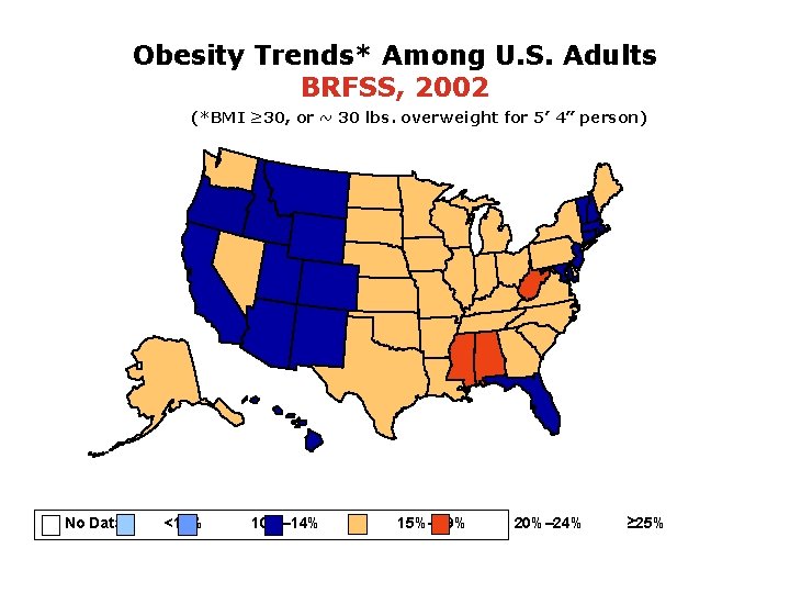 Obesity Trends* Among U. S. Adults BRFSS, 2002 (*BMI ≥ 30, or ~ 30