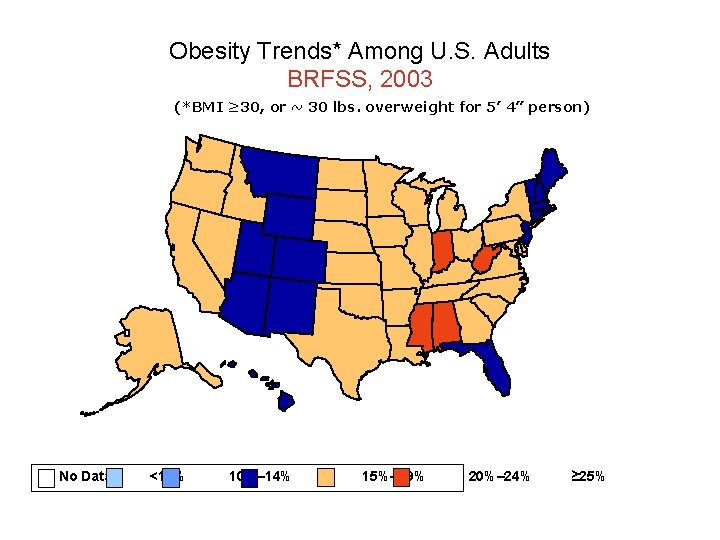 Obesity Trends* Among U. S. Adults BRFSS, 2003 (*BMI ≥ 30, or ~ 30