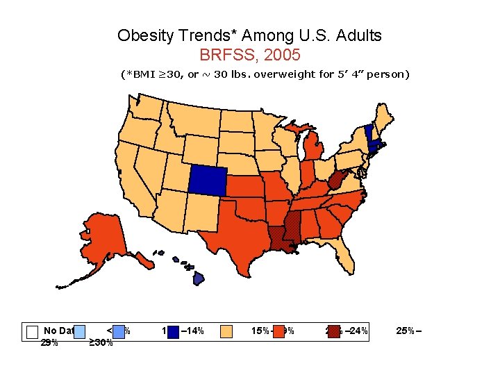 Obesity Trends* Among U. S. Adults BRFSS, 2005 (*BMI ≥ 30, or ~ 30