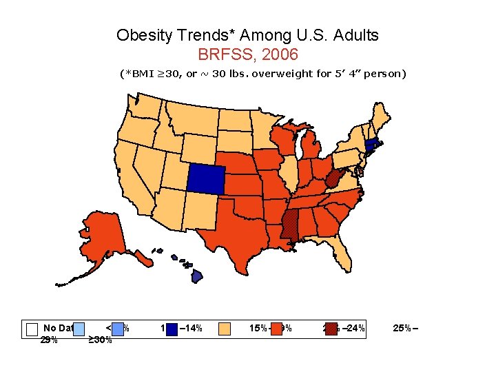 Obesity Trends* Among U. S. Adults BRFSS, 2006 (*BMI ≥ 30, or ~ 30
