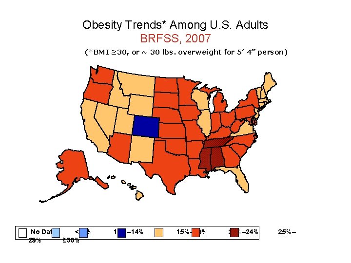 Obesity Trends* Among U. S. Adults BRFSS, 2007 (*BMI ≥ 30, or ~ 30