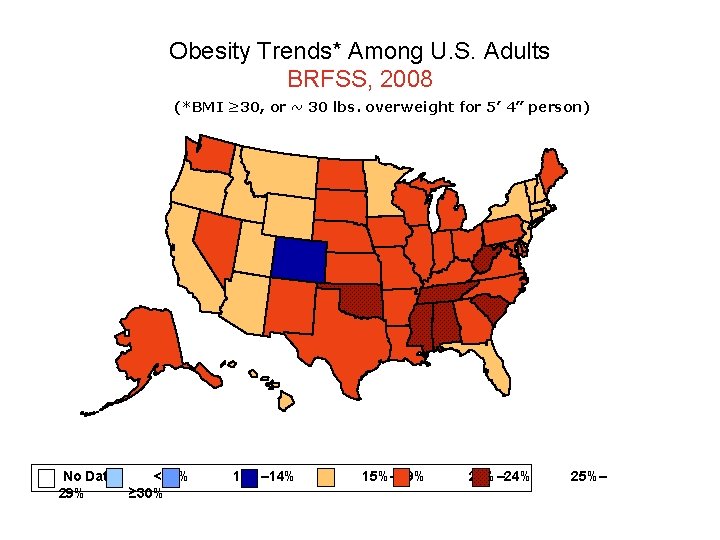 Obesity Trends* Among U. S. Adults BRFSS, 2008 (*BMI ≥ 30, or ~ 30