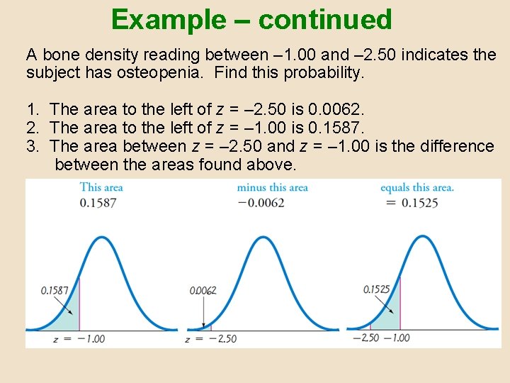 Example – continued A bone density reading between – 1. 00 and – 2.