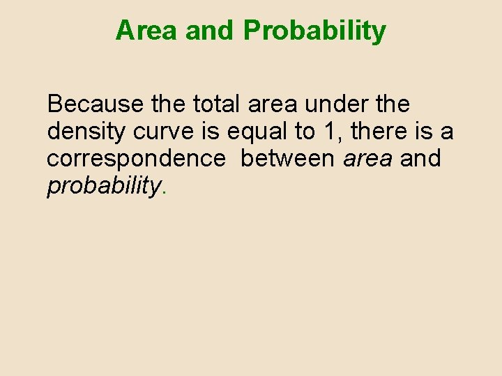 Area and Probability Because the total area under the density curve is equal to