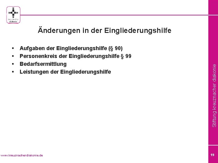 § § Aufgaben der Eingliederungshilfe (§ 90) Personenkreis der Eingliederungshilfe § 99 Bedarfsermittlung Leistungen
