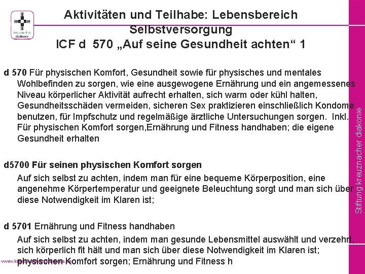 Aktivitäten und Teilhabe: Lebensbereich Selbstversorgung ICF d 570 „Auf seine Gesundheit achten“ 1 d