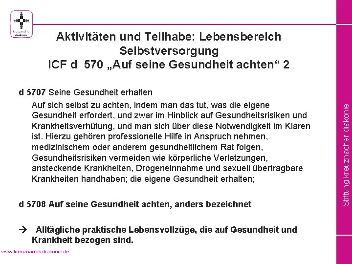 Aktivitäten und Teilhabe: Lebensbereich Selbstversorgung ICF d 570 „Auf seine Gesundheit achten“ 2 Stiftung