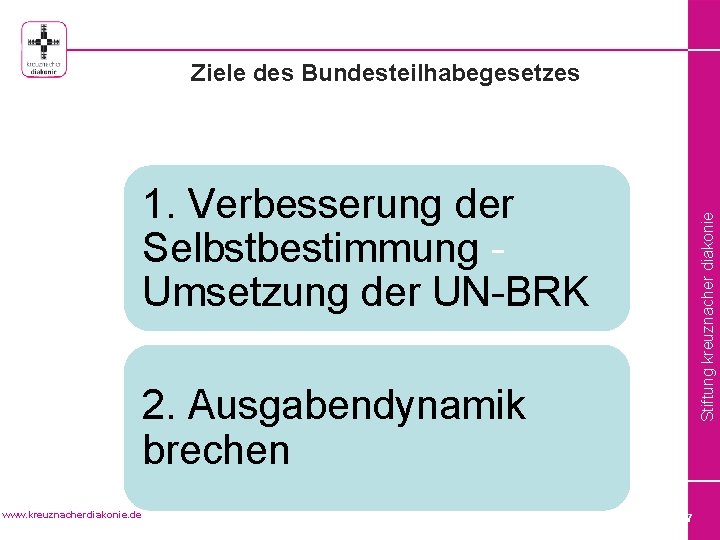 1. Verbesserung der Selbstbestimmung Umsetzung der UN-BRK 2. Ausgabendynamik brechen www. kreuznacherdiakonie. de Stiftung