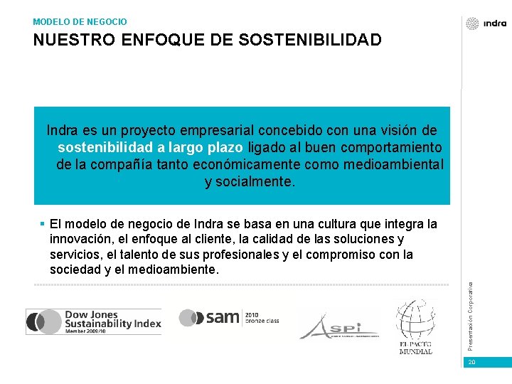 MODELO DE NEGOCIO NUESTRO ENFOQUE DE SOSTENIBILIDAD Indra es un proyecto empresarial concebido con