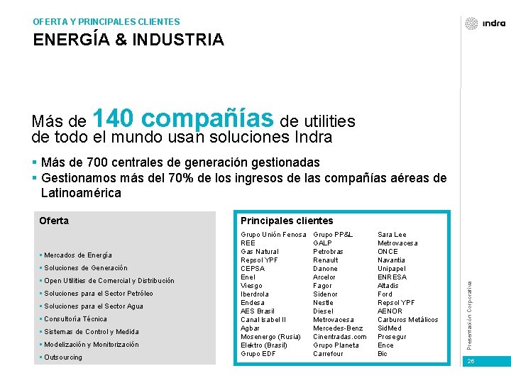 OFERTA Y PRINCIPALES CLIENTES ENERGÍA & INDUSTRIA Más de 140 compañías de utilities de