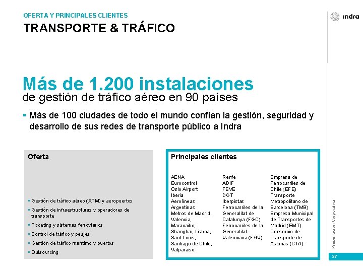 OFERTA Y PRINCIPALES CLIENTES TRANSPORTE & TRÁFICO Más de 1. 200 instalaciones de gestión