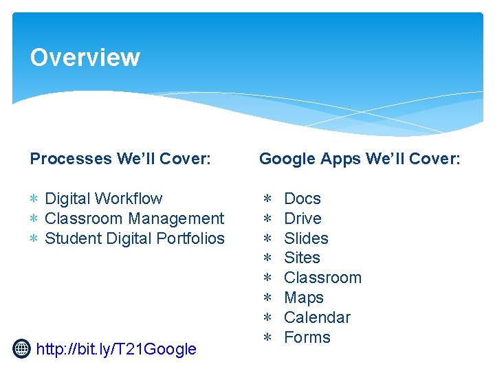 Overview Processes We’ll Cover: Google Apps We’ll Cover: ∗ Digital Workflow ∗ Classroom Management