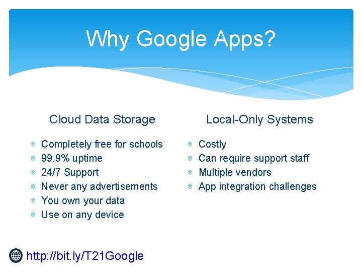 Why Google Apps? Local-Only Systems Cloud Data Storage ∗ ∗ ∗ Completely free for