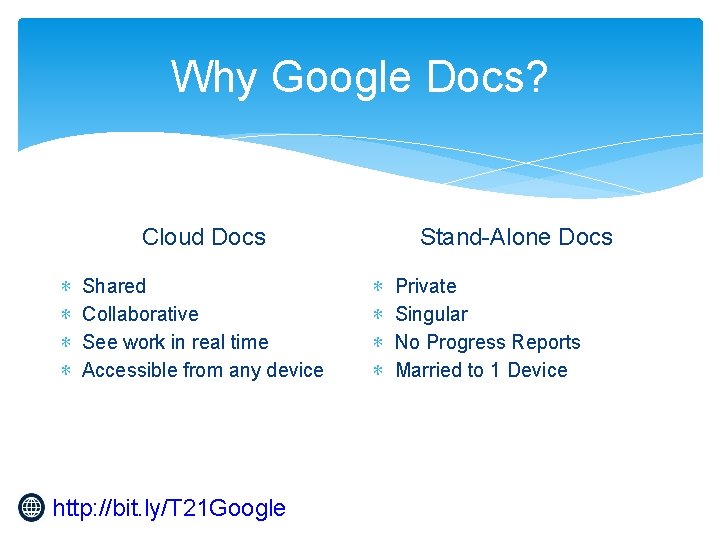 Why Google Docs? Stand-Alone Docs Cloud Docs ∗ ∗ Shared Collaborative See work in