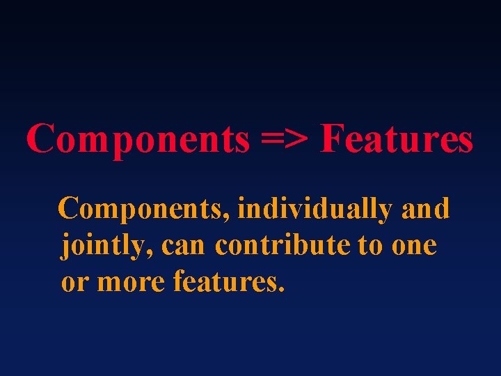 Components => Features Components, individually and jointly, can contribute to one or more features.