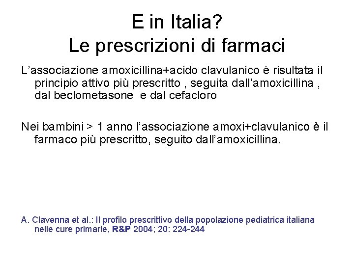 E in Italia? Le prescrizioni di farmaci L’associazione amoxicillina+acido clavulanico è risultata il principio