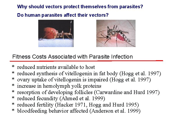 Why should vectors protect themselves from parasites? Do human parasites affect their vectors? Fitness