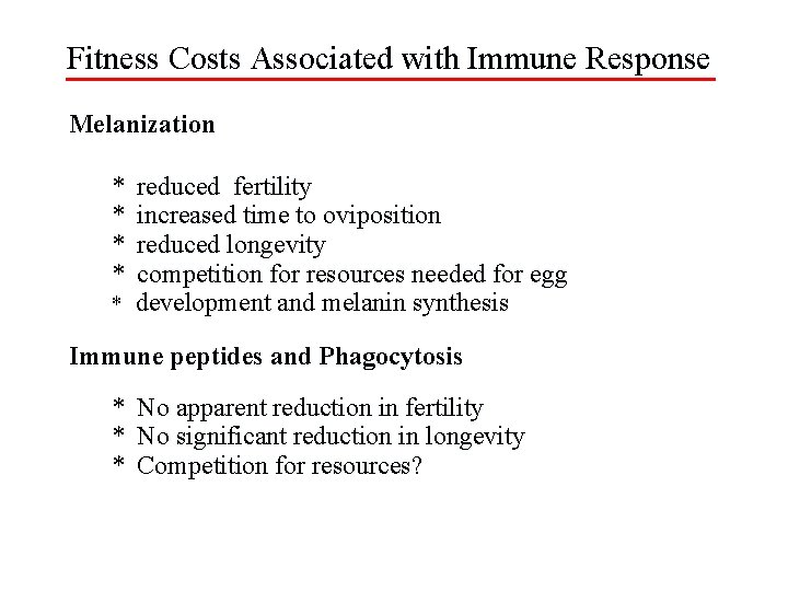 Fitness Costs Associated with Immune Response Melanization * * reduced fertility increased time to