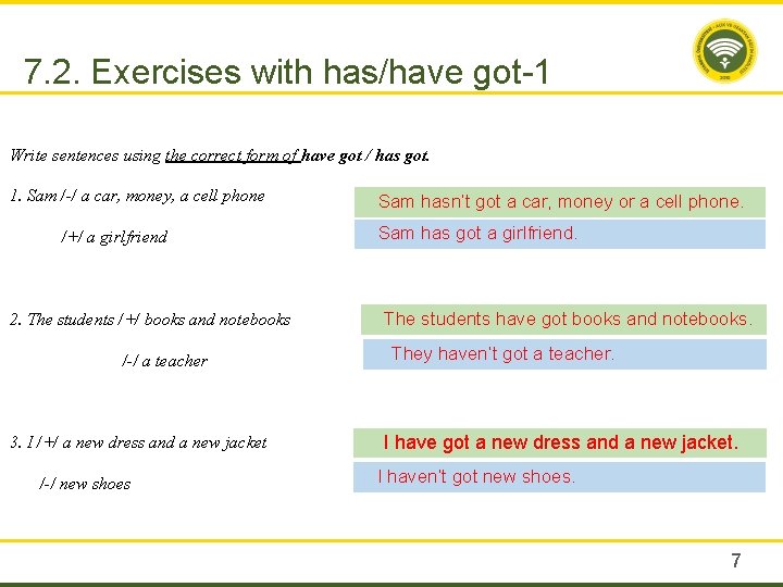 7. 2. Exercises with has/have got-1 Write sentences using the correct form of have