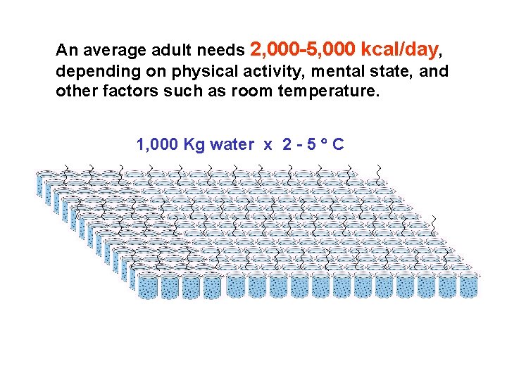 An average adult needs 2, 000 -5, 000 kcal/day, depending on physical activity, mental