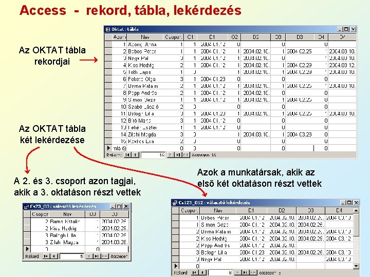 Access - rekord, tábla, lekérdezés Az OKTAT tábla rekordjai Az OKTAT tábla két lekérdezése