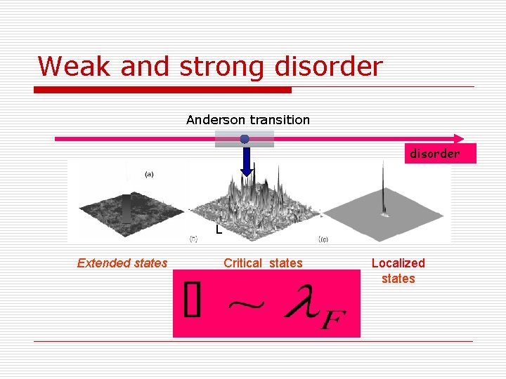 Weak and strong disorder Anderson transition disorder L Extended states Critical states Localized states
