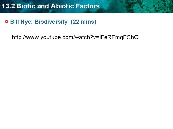 13. 2 Biotic and Abiotic Factors Bill Nye: Biodiversity (22 mins) http: //www. youtube.