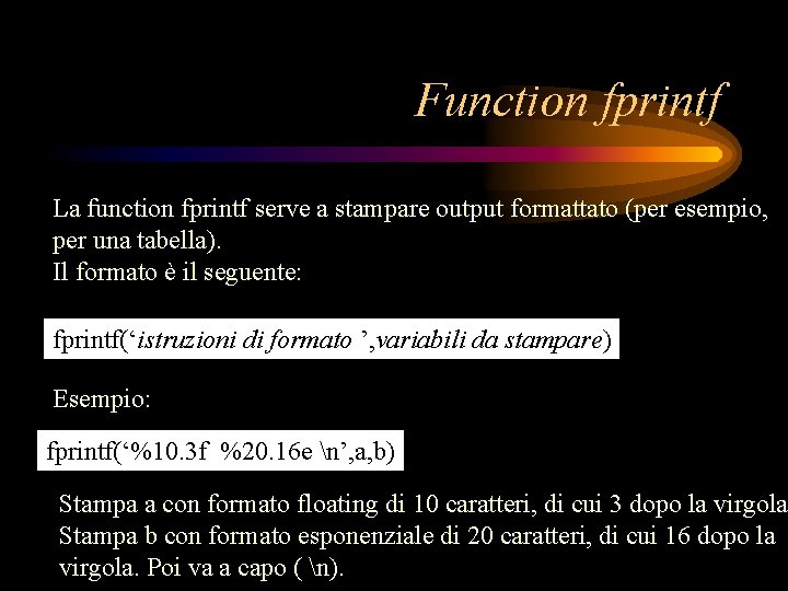 Function fprintf La function fprintf serve a stampare output formattato (per esempio, per una Function fprintf La function fprintf serve a stampare output formattato (per esempio, per una