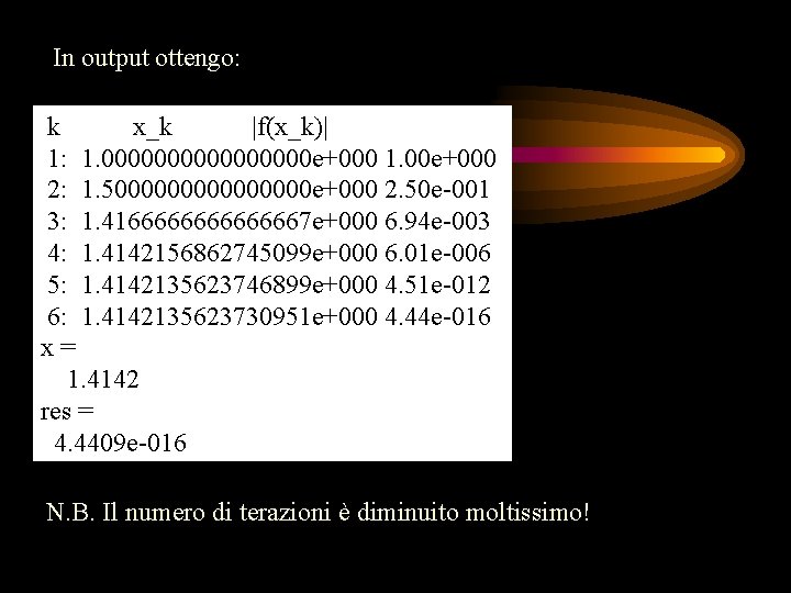 In output ottengo: k x_k |f(x_k)| 1: 1. 00000000 e+000 1. 00 e+000 2: In output ottengo: k x_k |f(x_k)| 1: 1. 00000000 e+000 1. 00 e+000 2: