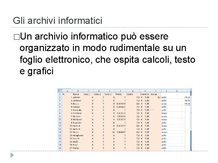 Gli archivi informatici �Un archivio informatico può essere organizzato in modo rudimentale su un