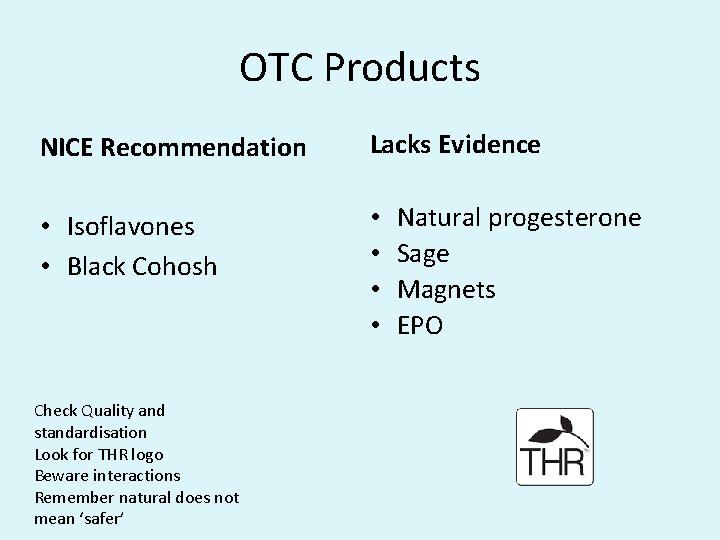 OTC Products NICE Recommendation Lacks Evidence • Isoflavones • Black Cohosh • • Check
