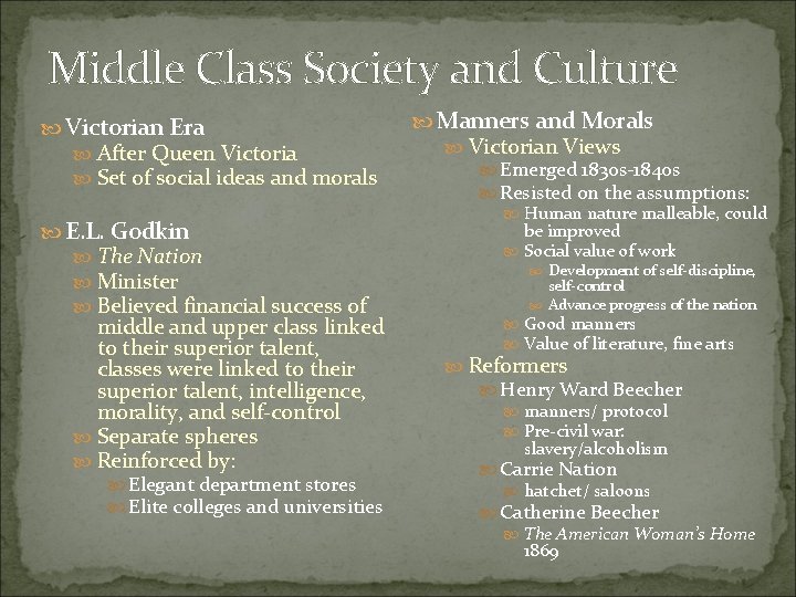 Middle Class Society and Culture Victorian Era After Queen Victoria Set of social ideas