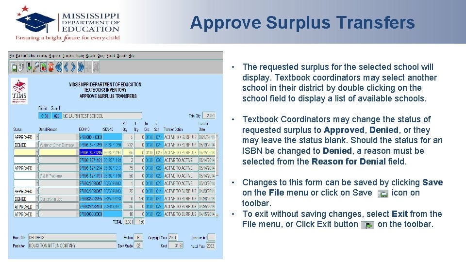 Approve Surplus Transfers • The requested surplus for the selected school will display. Textbook