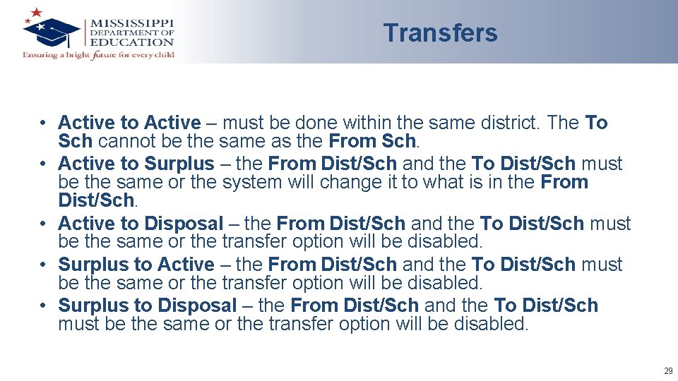 Transfers • Active to Active – must be done within the same district. The