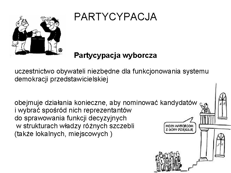 PARTYCYPACJA Partycypacja wyborcza uczestnictwo obywateli niezbędne dla funkcjonowania systemu demokracji przedstawicielskiej obejmuje działania konieczne,