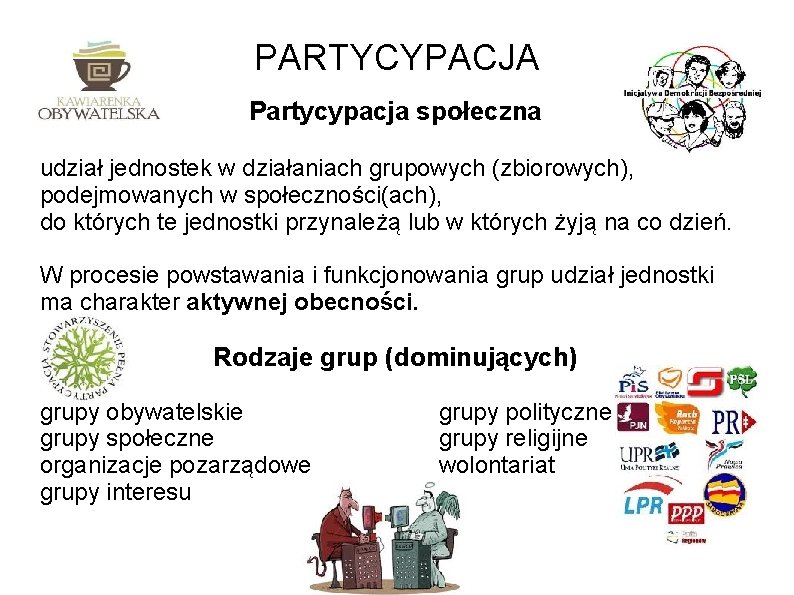 PARTYCYPACJA Partycypacja społeczna udział jednostek w działaniach grupowych (zbiorowych), podejmowanych w społeczności(ach), do których