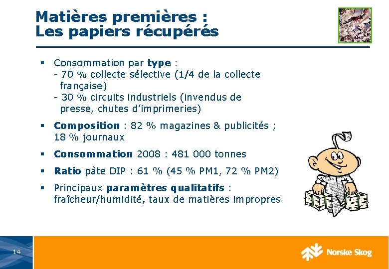 Matières premières : Les papiers récupérés § Consommation par type : - 70 %