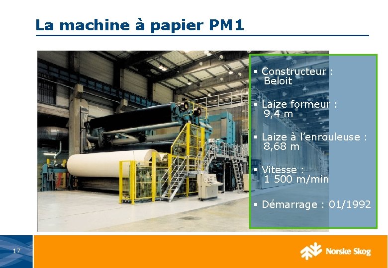 La machine à papier PM 1 § Constructeur : Beloit § Laize formeur :