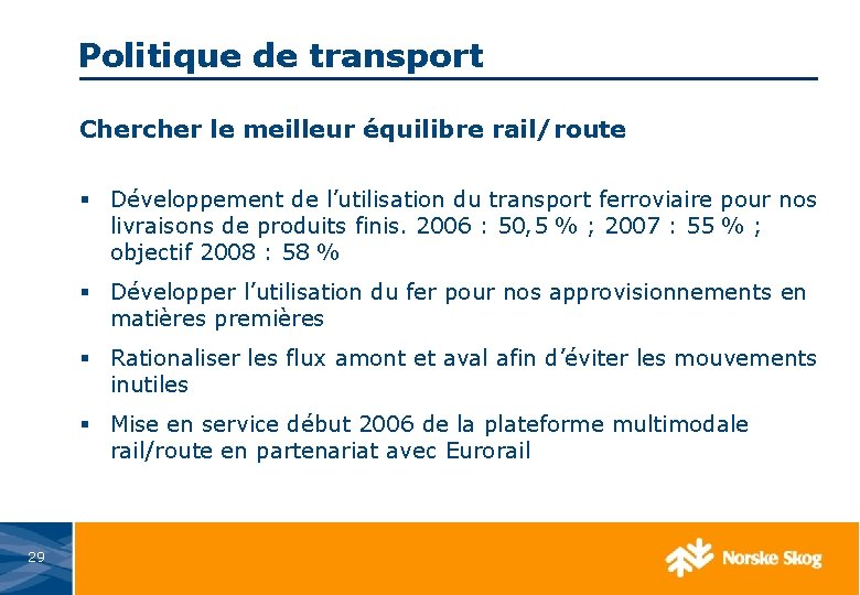 Politique de transport Chercher le meilleur équilibre rail/route § Développement de l’utilisation du transport