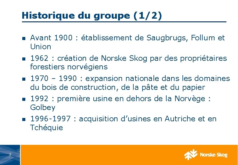 Historique du groupe (1/2) 3 n Avant 1900 : établissement de Saugbrugs, Follum et