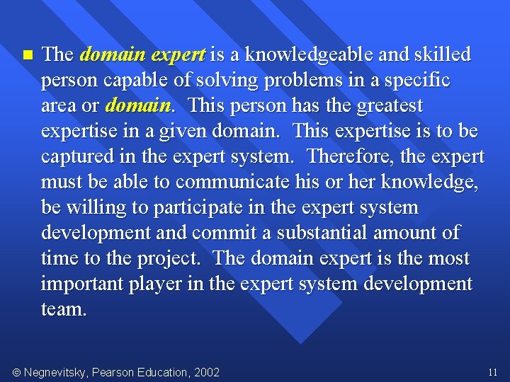 n The domain expert is a knowledgeable and skilled person capable of solving problems