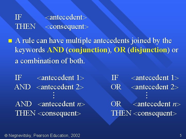 IF THEN n antecedent consequent A rule can have multiple antecedents joined by the