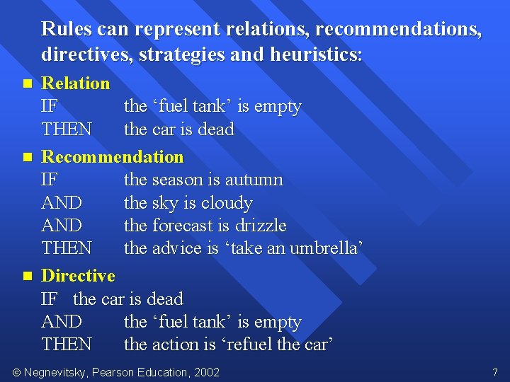 Rules can represent relations, recommendations, directives, strategies and heuristics: n n n Relation IF