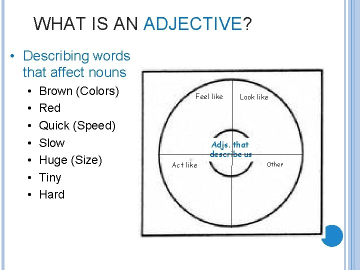 WHAT IS AN ADJECTIVE? • Describing words that affect nouns • • Brown (Colors)